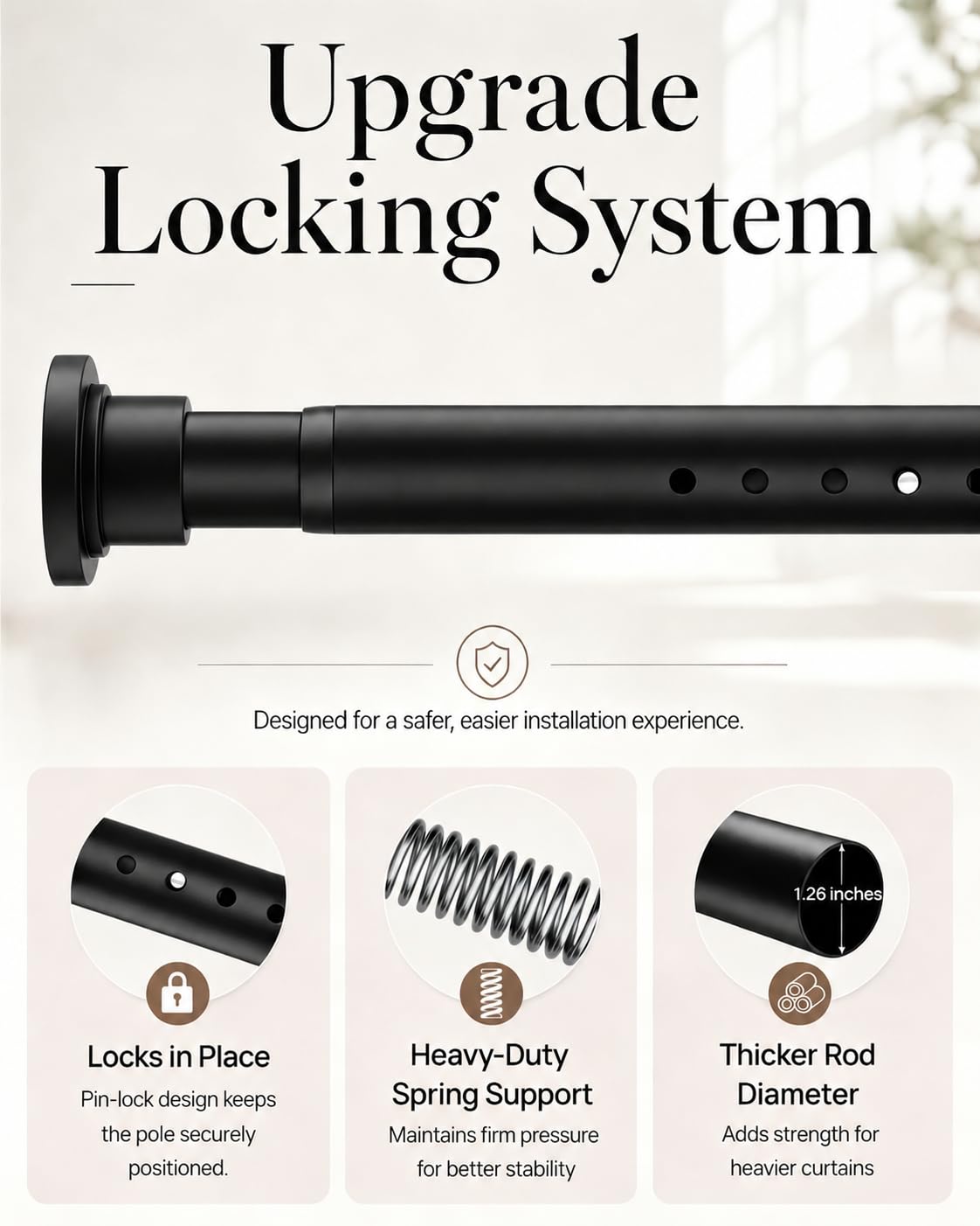 ALLZONE Tension Curtain Rods for Windows 66 to 120 Inches, Black Curtain Rods No Drilling, Heavy Duty Extra Long Tension Rod for Curtains, Outdoor Curtains Rod for Patio, Bedroom