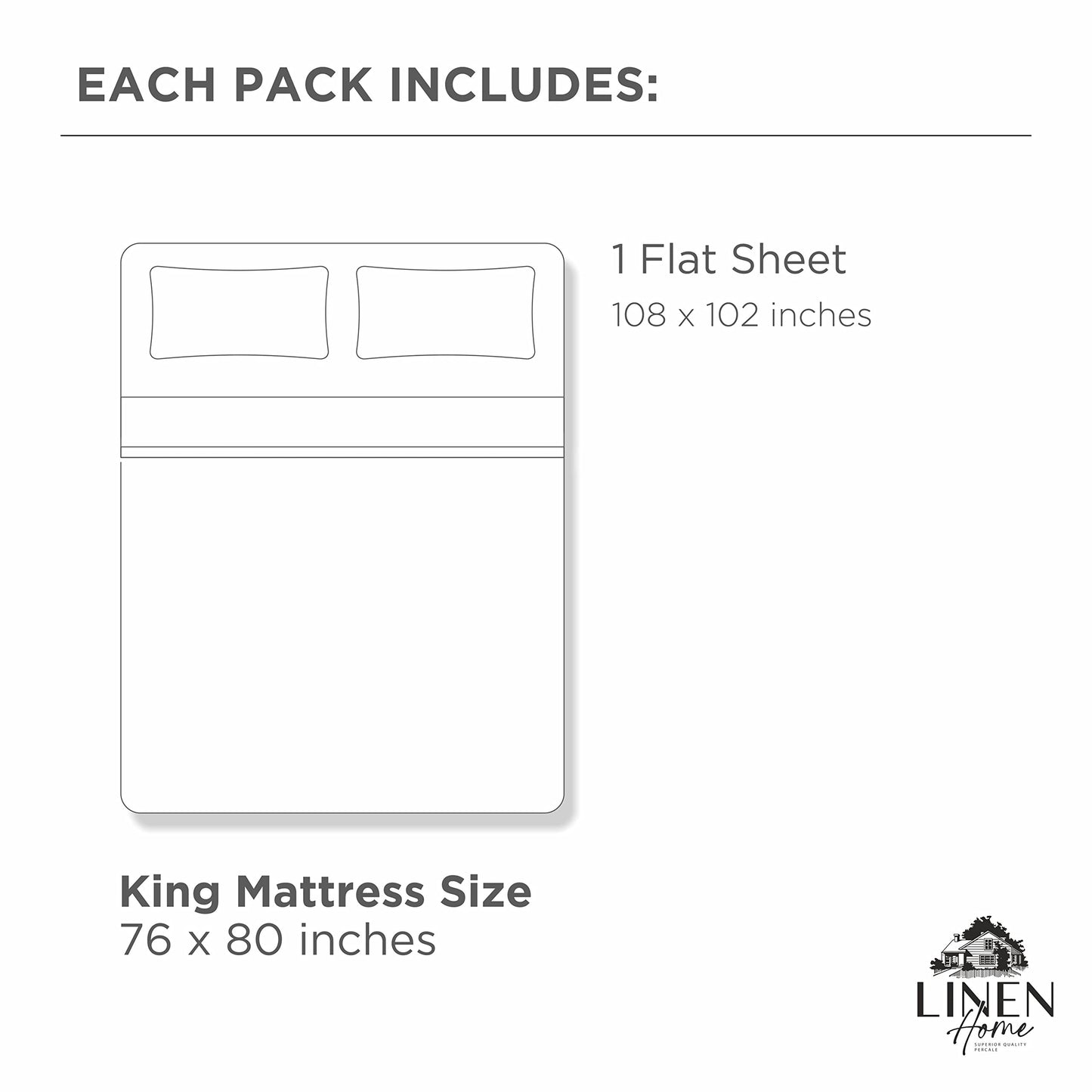 Linen Home 100% Cotton Percale 1 Flat Sheet, King Size - Crisp, Cool and Strong Bed Linen, Luxury Breathable Sheet, White