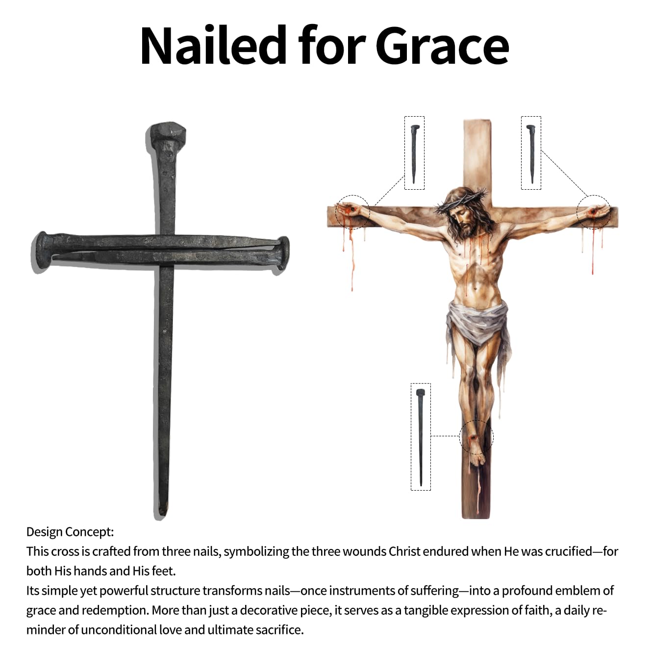 LeMeeOly Jesus Christ Crucifixion Nail Metal Cross Wooden Base, Religious Gifts for Mom Mothers Day, Baptism & Religious Gifts for Men Women,Christian Home Decor (Solid Wood Base)