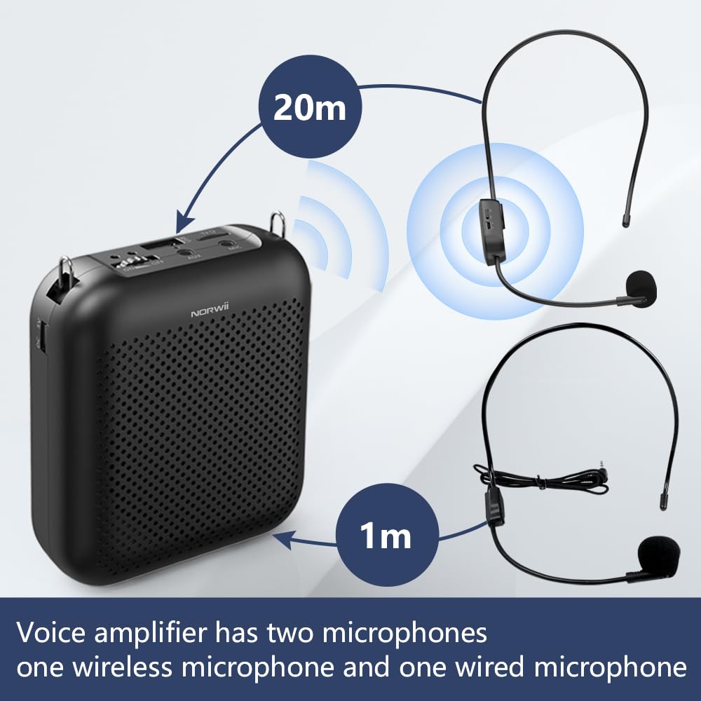 Voice Amplifier Wireless Microphone, 4000mAh Portable Rechargeable Bluetooth Mini Personal Speaker with 2 Headset Microphones for Teachers, Classroom, Meetings and Tour, Black