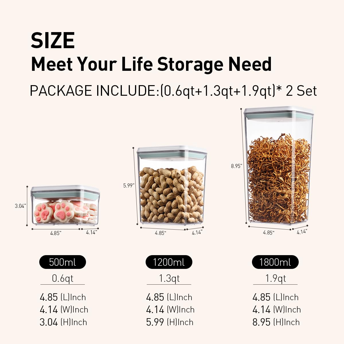 EQI Pop Food Storage Containers Set, 6Pcs Airtight Containers with Lids for Kitchen Pantry Organizers and Storage,One Button Opening BPA-Free Food Containers for Cereal Flour Sugar(0.6, 1.3, 1.9Qt)*2