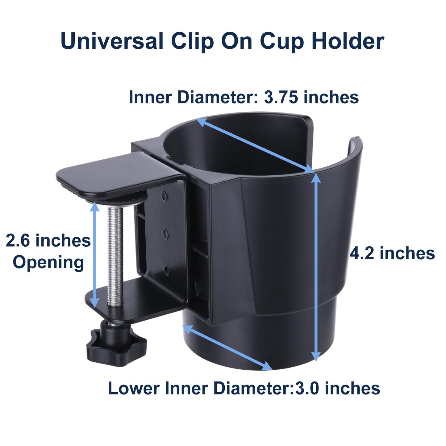 Universal Large Desk Cup Holder Clamp on, Heavy Duty Plastic Drink Holder for Table, Porch Swing, Patio Chair, Clip On Anti-Spill Bottle Holder for Most Cups, Bottles, Cans, Tumbles, Black, Pack of 2