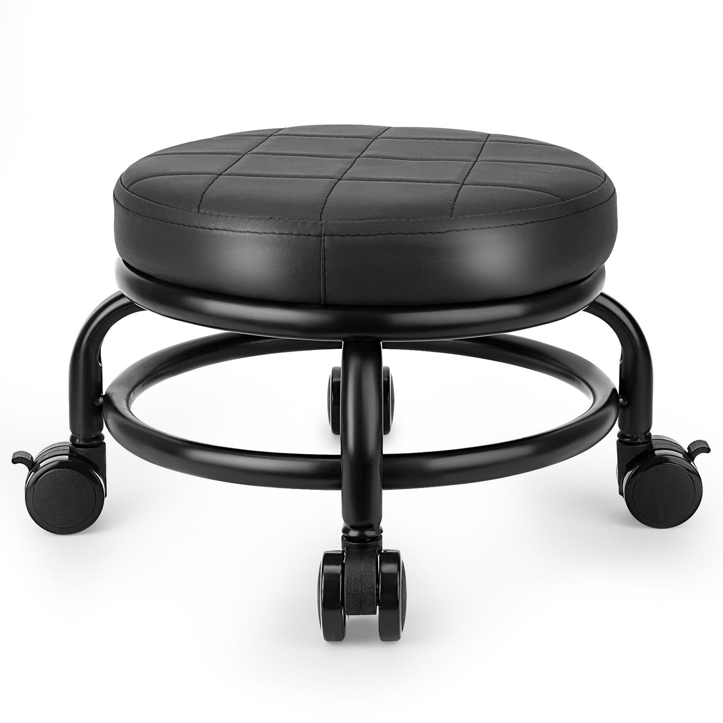 LWADALN Low Roller Stool Low Height Rolling Stool Seat PU Leather Small Chair Foot Stool Round Rolling Stools for Home Office Garage Shop (Black)