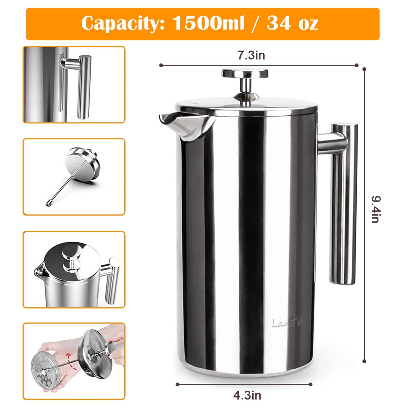 LANTE French Press Coffee Maker, 1.5L Double Insulated 304 Stainless Steel Tea Maker 4 Level Filtration System, No Coffee Grounds, Rust-Free, Dishwasher Safe 50oz Coffee Press for Family Party