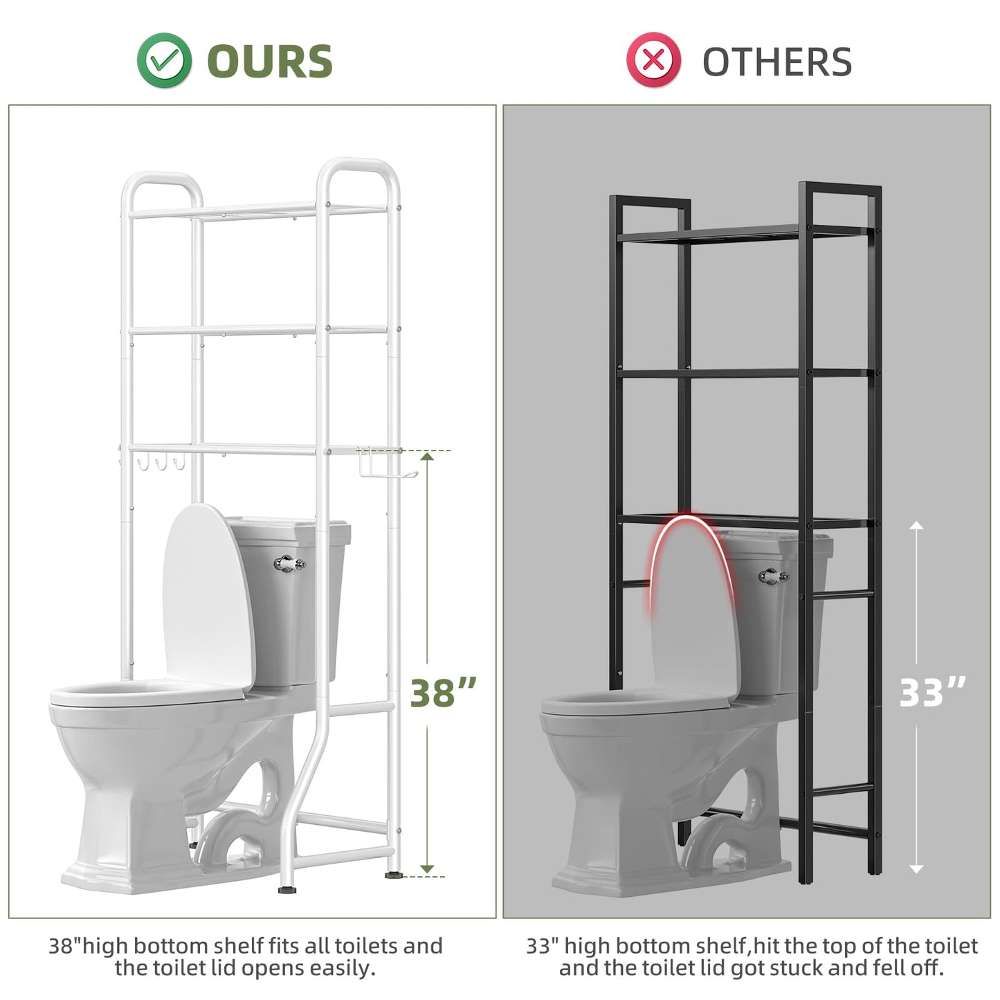 Simple Trending Over The Toilet Storage Rack, Metal 3 Tier Bathroom Organizer Shelf with Paper Holder and 3 Hooks, Freestanding Shelf Space Saver Above Toilet, White
