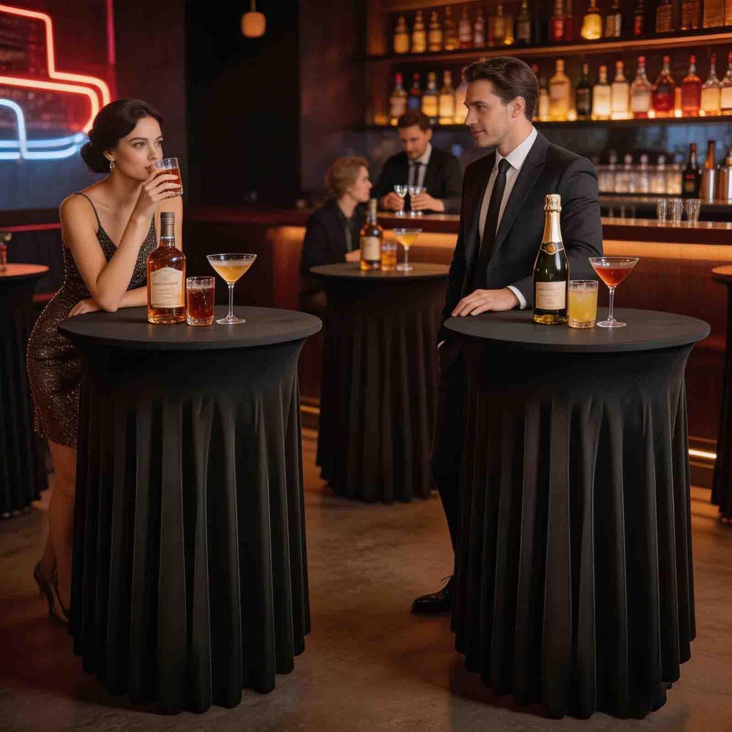 5 Pack Round Spandex Cocktail Table Tablecloths with Skirt, 32 x 43 Inch Black Stretch High Top Cocktail Table Covers Table Skirts Stretch Fitted Round Cocktail Table Cloths for Wedding Party Banquet