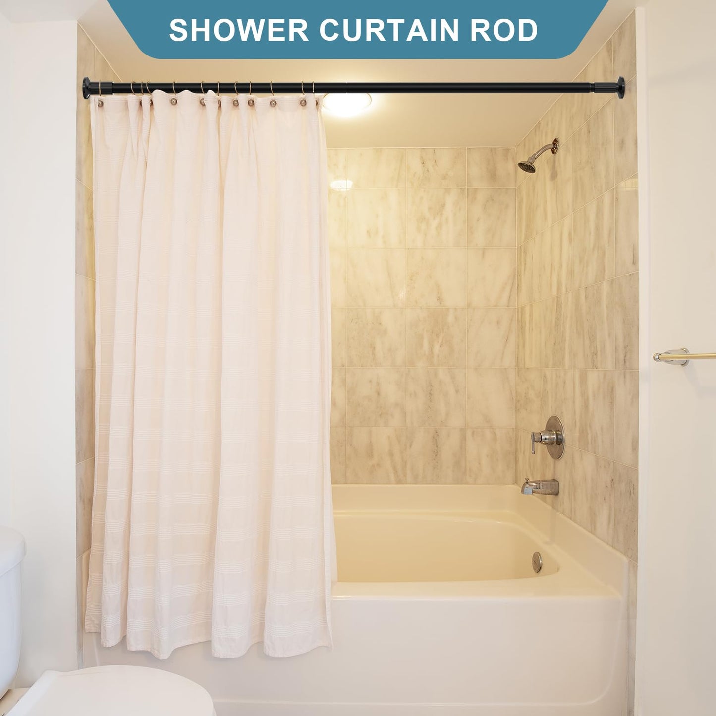 ZOCONE Tension Curtain Rod 51-168 In(4.25-14 Ft), Outdoor Curtain Rod No Drilling for Patio Window, Adjustable Shower Curtain Rod for Bathroom, Extra Long Tension Rod Diameter 1.26In Never Rust, Black