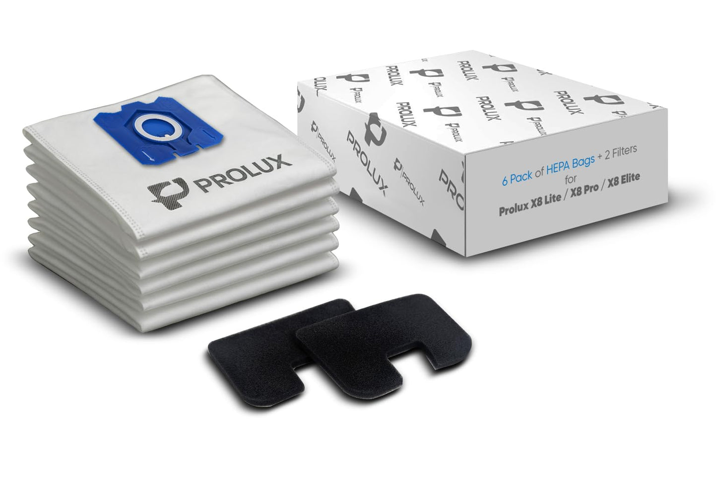 6 pack of HEPA bags and 2 post Filters for the Prolux X8 series backpack vacuum cleaners