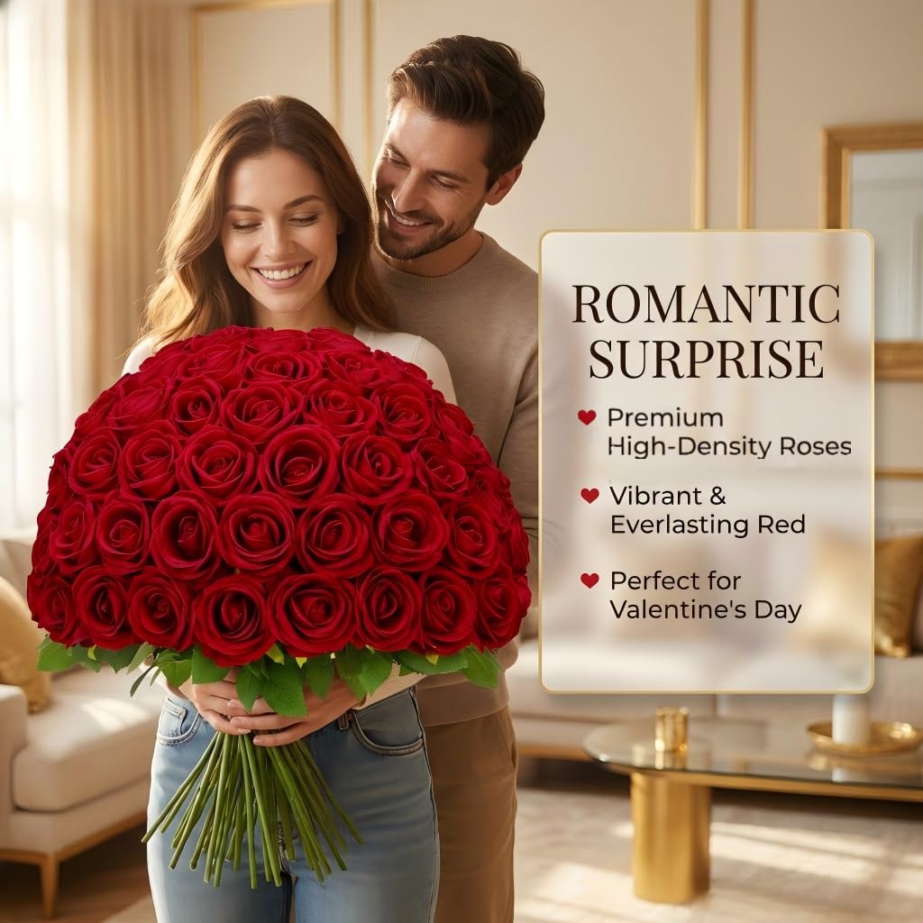 Waipfaru Red Roses Artificial Flowers Bulk, Real Touch Velvet Roses with Wrapping Paper, 50 Pcs Fake Flowers for Wedding Centerpieces Bridal Bouquet Valentines Mothers Day Graduation Decor