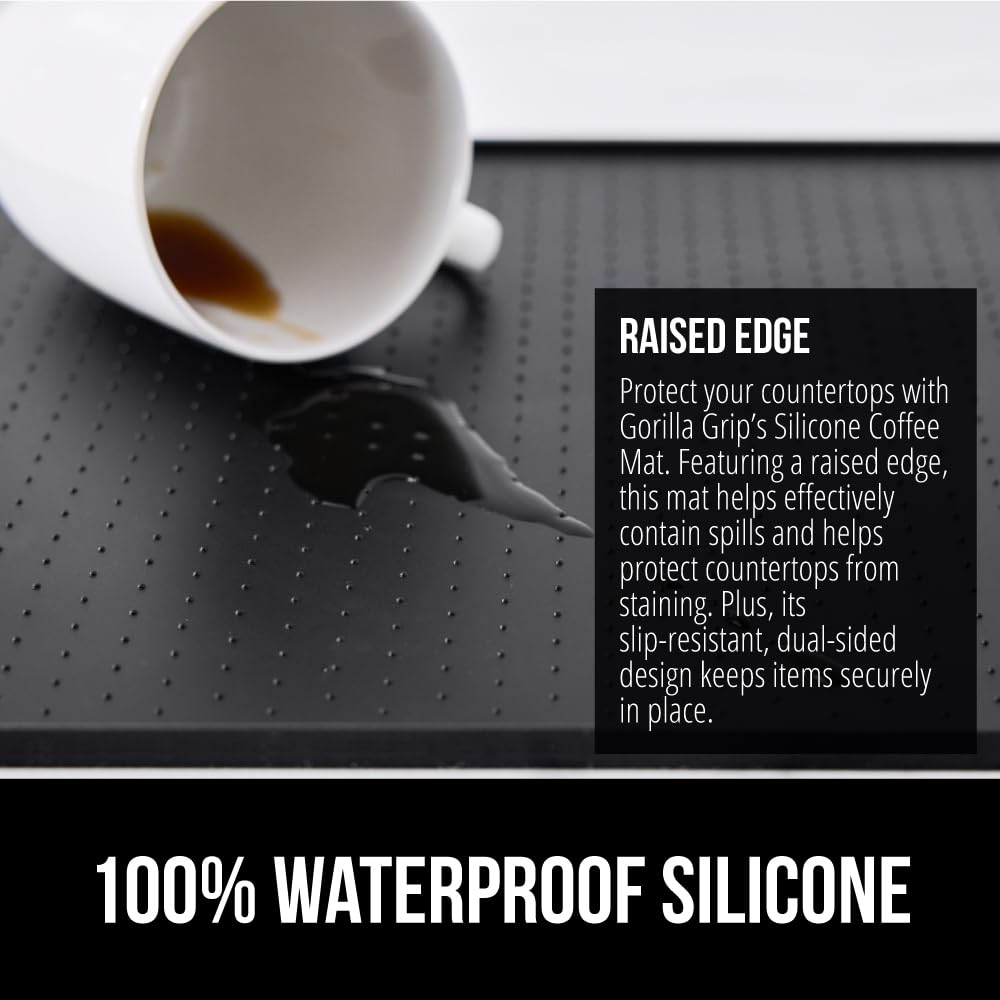 GORILLA GRIP Silicone Coffee Mat, 18x28, Espresso Machine Bar Accessories, Keep Kitchen Counters Clean, Stays in Place, Waterproof and Heat Resistant Dish Drying Mats, Home Decor Essentials, Black