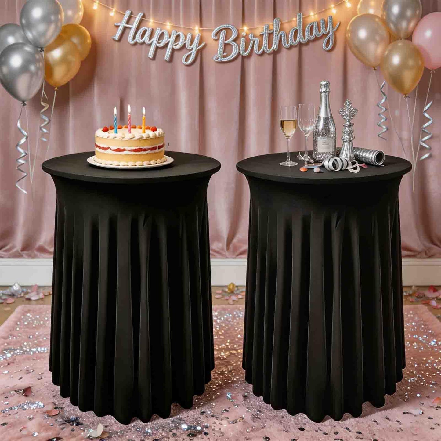 5 Pack Round Spandex Cocktail Table Tablecloths with Skirt, 32 x 43 Inch Black Stretch High Top Cocktail Table Covers Table Skirts Stretch Fitted Round Cocktail Table Cloths for Wedding Party Banquet