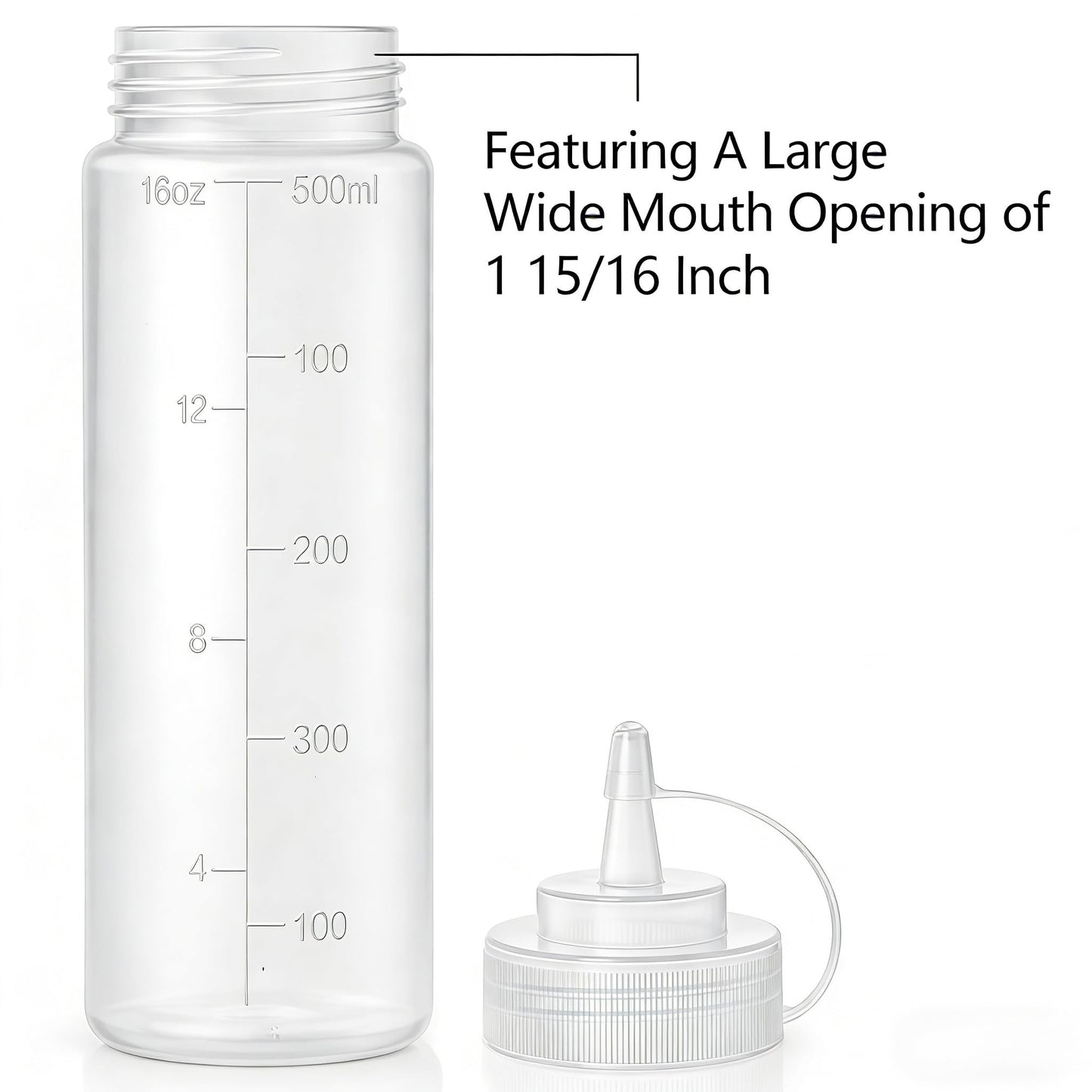Bekith 12 pack 16 Oz Wide Mouth Plastic Squeeze Condiment Bottles with Twist On Cap Lids and Discrete Measurements, Empty Squirt Bottle For Sauce, Ketchup, Paint