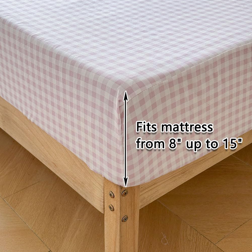 NSNLGSGC Pink Gingham Ruffle Queen Sheet Set, Pink Soft Pre-Washed Microfiber Plaid Queen Bed Sheets, 4-Pieces Farmhouse Sheet Set with Deep Pocket