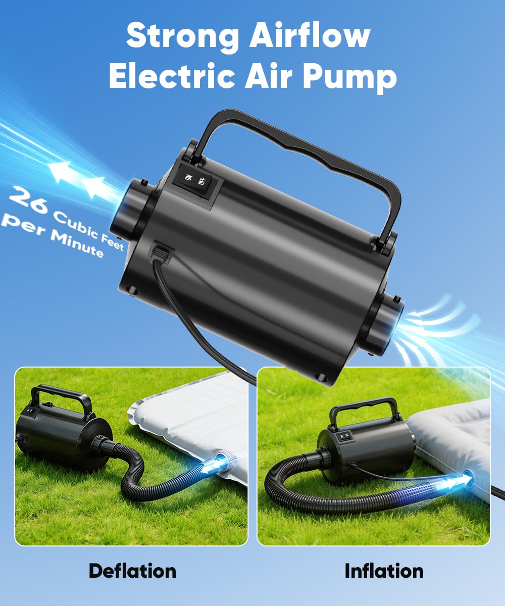 Lotspasie Electric Air Pump with Hose for Inflatables, High Power Inflator Deflator Blow Up Pump with 6 Nozzles, Pool Toy Float Pump for Pool Floats, Air Mattress, Toys, Gym Mat, 320W, 1.5PSI, 120V AC