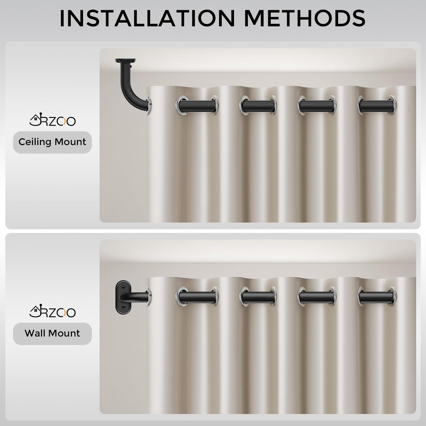 JRZOO 2 Pack Wrap Around Curtain Rods Black, Blackout Heavy Duty Curtain Pole for Windows 48 to 84 Inch, 1" Decorative Room Darkening Curved Modern Drapery Rod (Matte Black/Unique Design/All Metal)