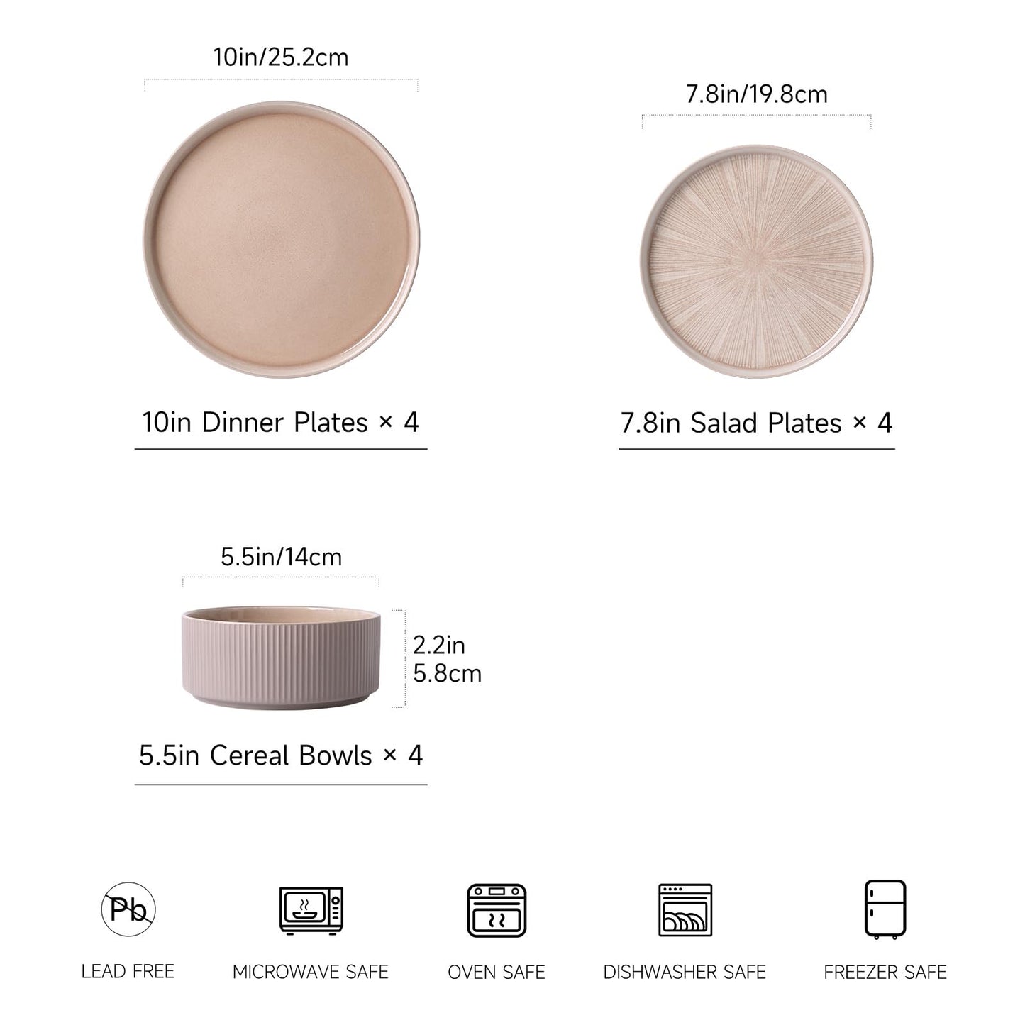 ALOFMO Dinnerware Sets for 4, Ceramic Plates and Bowls Set 12 Piece Dinnerware Chip Resistant Stoneware with Advanced Inkjet Printing Technology, Dishwasher and Microwave Safe-Dusty Brown
