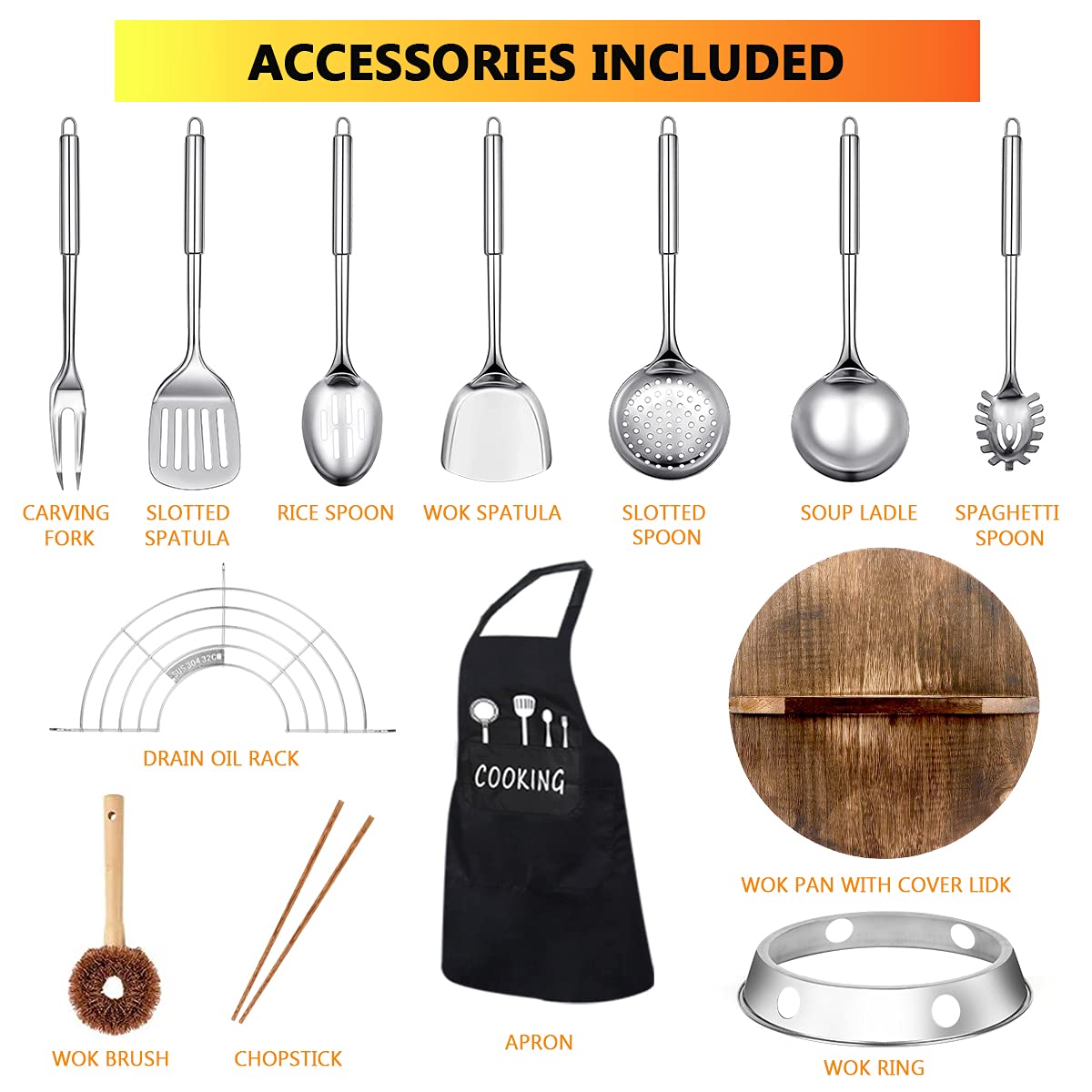 kaqinu 14 Piece Carbon Steel Wok Pan, Woks & Stir-Fry Pans Set with Wooden Lid Cookwares, No Chemical Coated Flat Bottom Chinese Pan for Induction, Electric, Gas, Halogen All Stoves - 12.6''