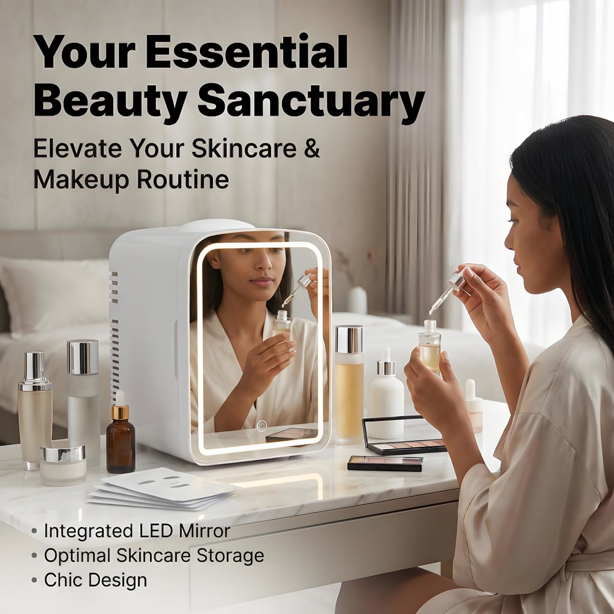 Lispin Skincare Fridge With Dimmable LED Light Mirror, 4L Makeup Mini Fridge for Bedroom, Car, Office & Dorm, Portable Small Refrigerator for Cosmetics, Skin Care and Food