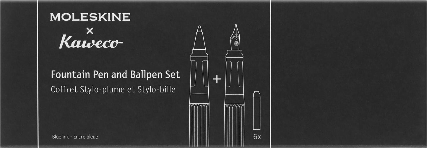 Moleskine x Kaweco, Fountain Pen and Ballpen Set, Medium Nib/1.0mm Point, Black with Blue Ink