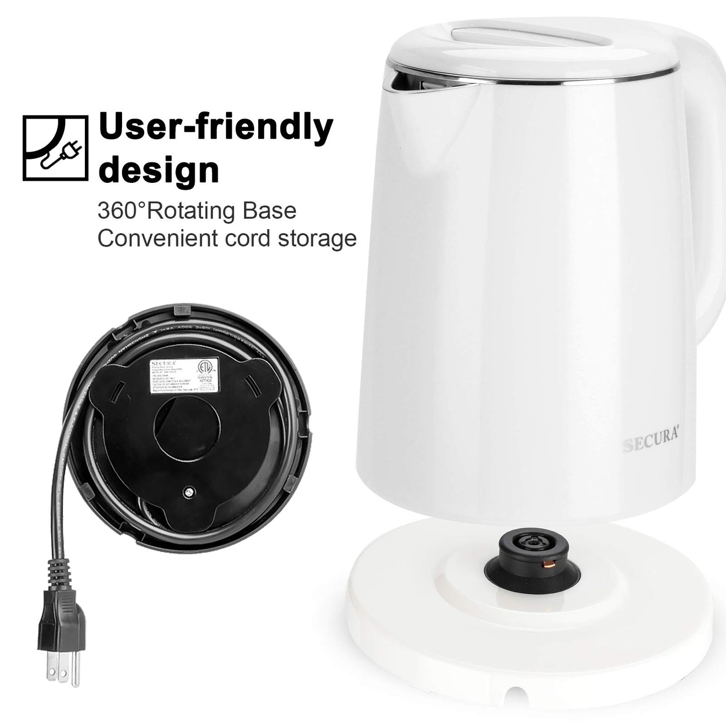Secura Stainless Steel Double Wall Electric Kettle Water Heater for Tea Coffee w/Auto Shut-Off and Boil-Dry Protection, 1.0L (White) SWK-1001DW/HB-K012