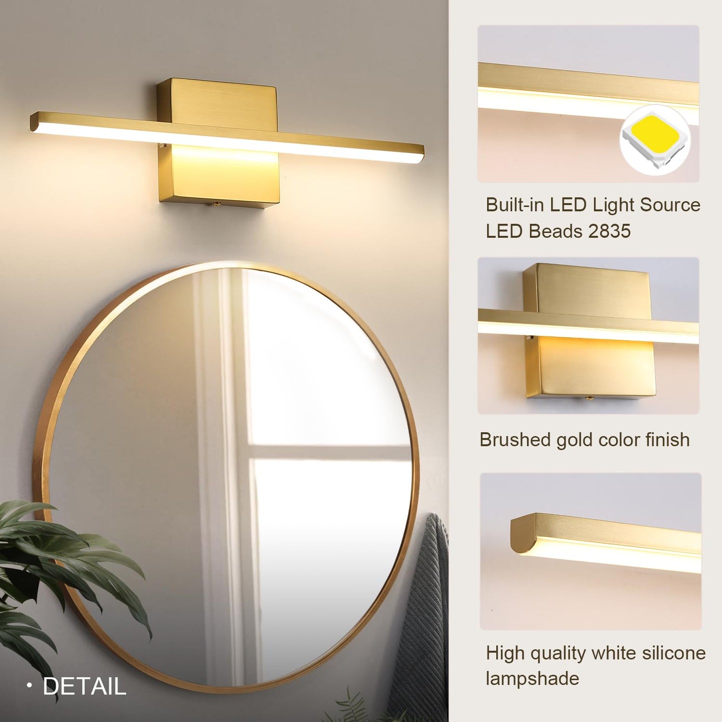 fengkiop Brushed Gold Vanity Light 16 Inch Modern Bathroom Light Fixtures 14W Wall Vanity Lamp Over Mirror, Dimmable 5CCT LED Wall Sconce for Bedroom Cabinets UL Certificated