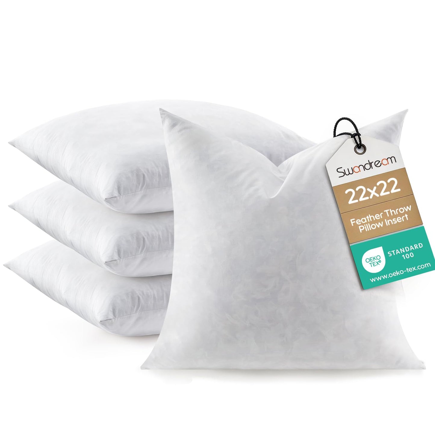Swandream Feather Throw Pillow Inserts Set of 4, Soft Fluffy Square 22 x 22 Inches Decorative Pillow Insert, Feather and Down Euro Pillows for Bed, Couch and Cushion