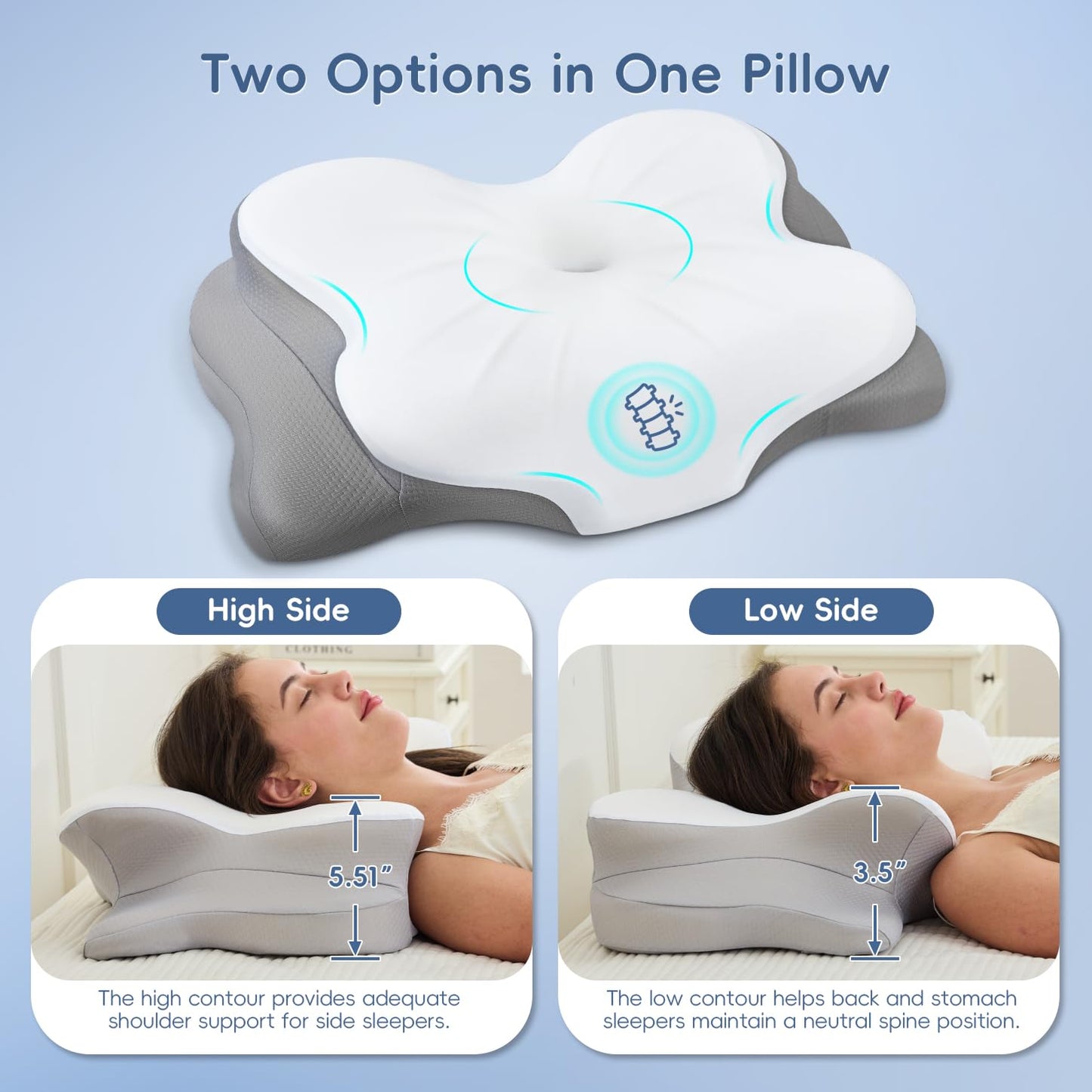 Fyova Cervical Neck Pillow, Ergonomic Memory Foam Pillows for Neck Pain Relief with Breathable Pillowcase, Adjustable Contour Neck Support Pillow for Side Back Stomach Sleepers, Odorless