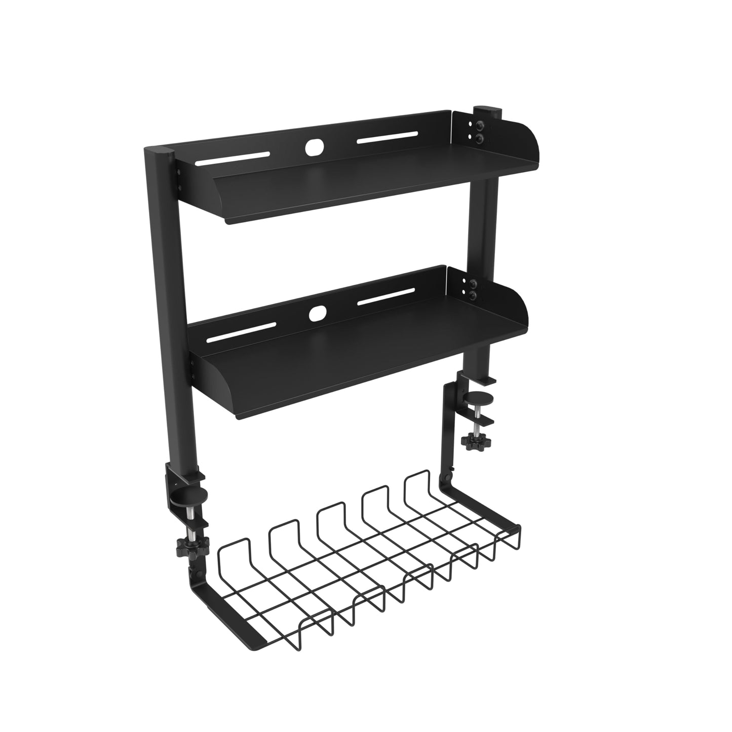 Clamp On Desk Shelf, 17'' 2-Tier Desktop Organizer Shelf with Under-Desk Hidden Storage Basket, Heavy-Duty Desk Shelves for Top of Desk, Space-Saving Desk Storage for Home Office Gaming Setup (Black)
