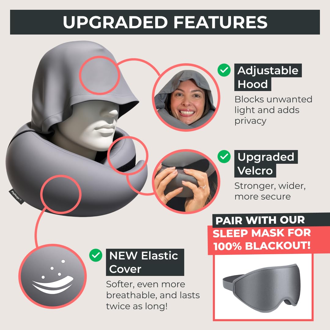 FlyHugz® 2.0 Hooded Travel Pillow – 2026 Original Release – Memory Foam Neck Pillow with Adjustable Hood & Premium Elastic Washable Cover – First Class Comfort for Flights, Road Trips & Sleep-Gray.