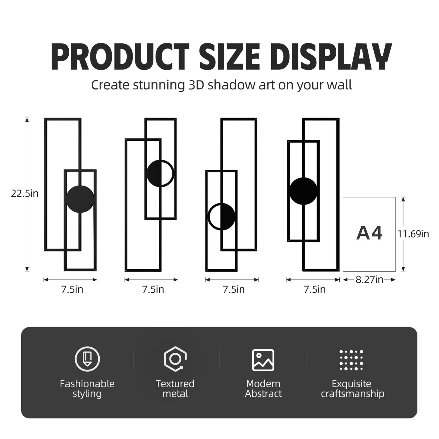 Abstract Black Metal Wall Art Set of 4, Large Modern Geometric Wall Decor with 3D Layered Design for Living Room, Bedroom, Bathroom, Hallway, Minimalist Wall Sculptures
