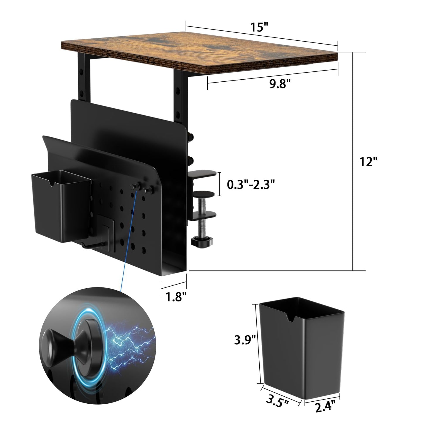 Desk Extender, Clamp On Desk Shelf Organizer, with Side Storage Steel Frame & 15 inch Wood Desktop Supplies Rack Clamp Mount Table Hanging Storage for Home Office Fits Flat Edge Tables 0.3" to 2.3"
