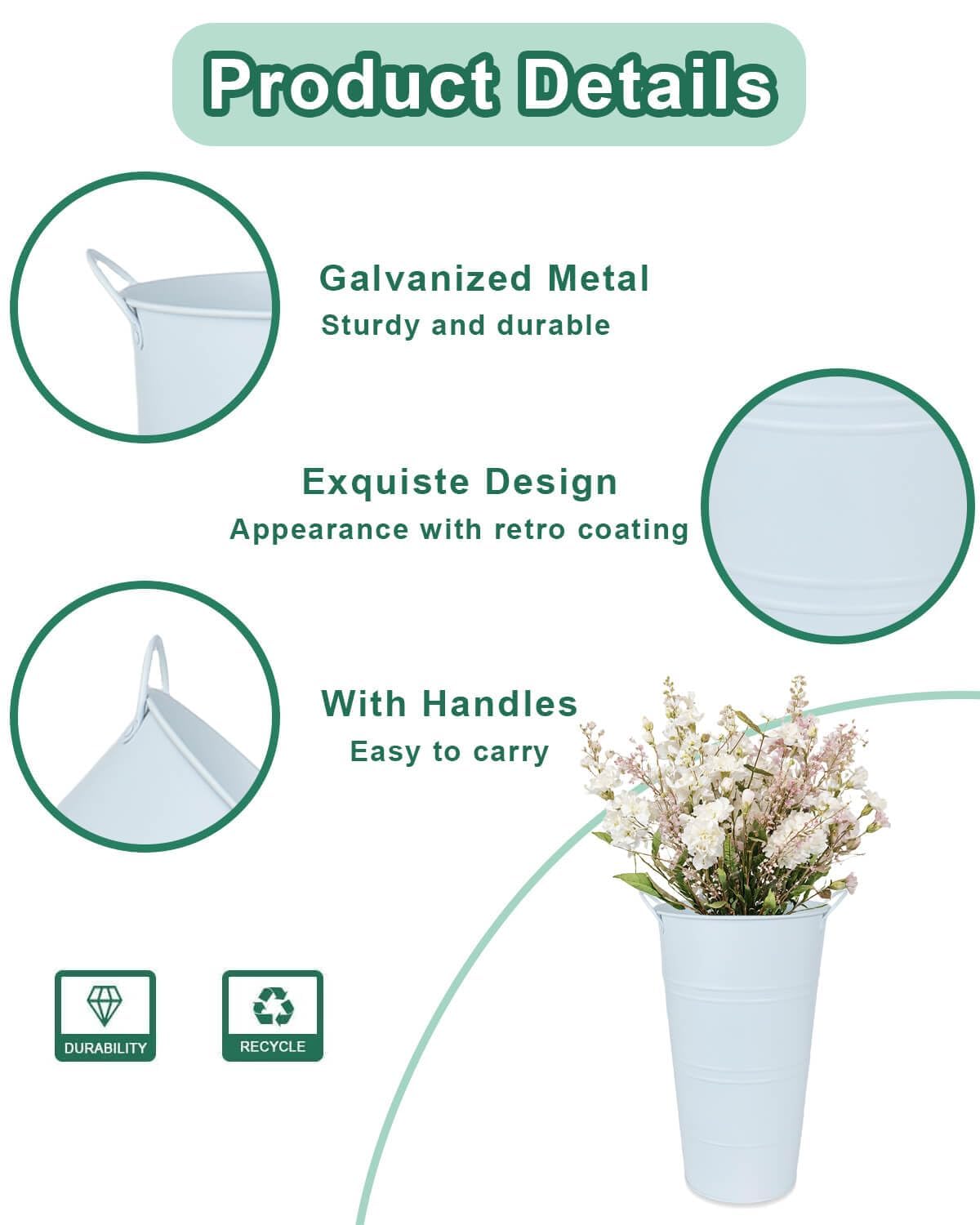 vensovo 12 Inch Galvanized Metal Vases for Flowers - 6 Pcs Farmhouse Decorative Tall Flower Bucket with Handles, Rustic French Tin Planter Buckets for Wedding Decor (Pure White)