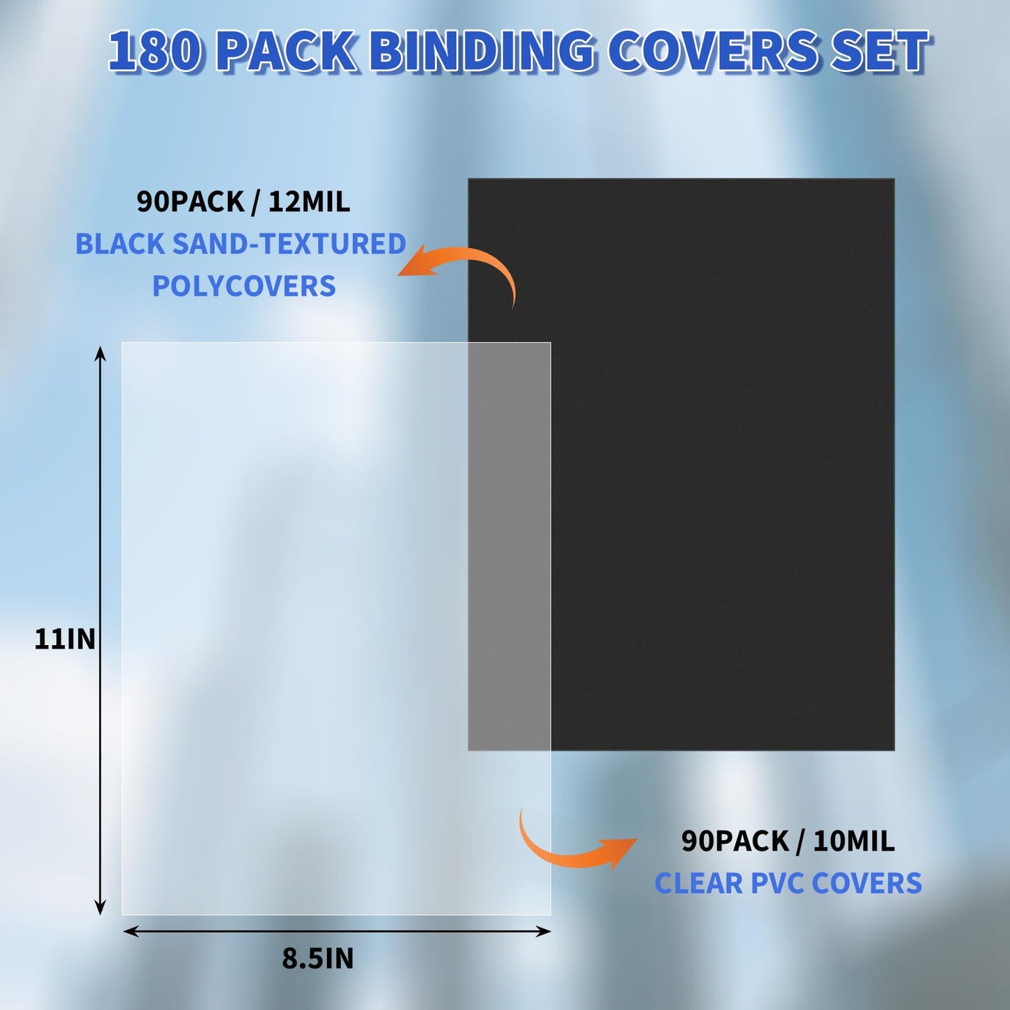 SIMPROFFICE 180 Pack Binding Covers and Backs Set, 8.5 x 11 Inches, 90P Clear PVC Covers (10 Mil), 90P Black Sand-Textured Polycovers (12 Mil)，Presentation Covers for Binding, Letter Size