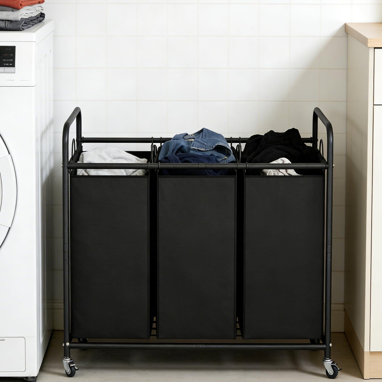 LINZINAR 3-Bag Laundry Basket, Black Laundry Hamper, 35.6 Gal(135 L) Laundry Sorter Cart Laundry Room Organization with Heavy Duty Rolling Lockable Wheels and Removable Bags