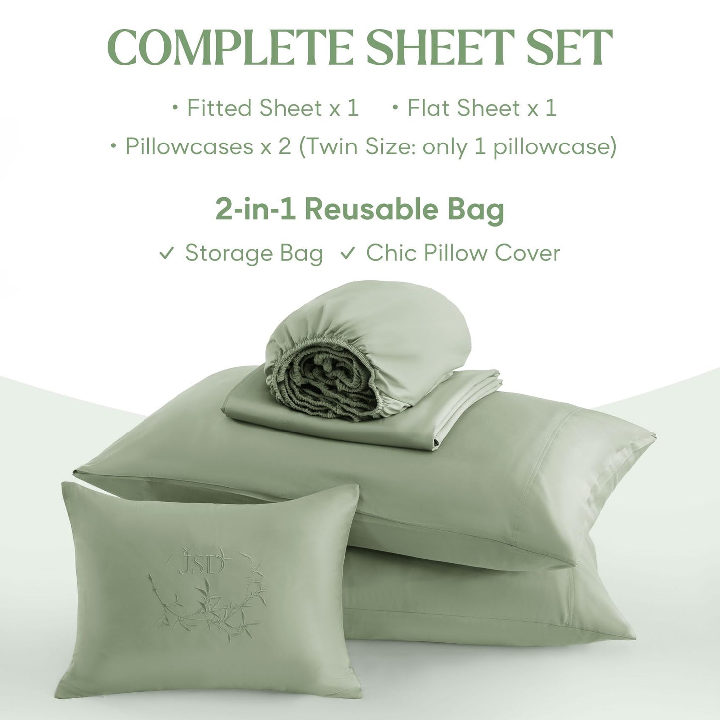 JSD Sage Green 100% Viscose Derived from Bamboo Sheet Set Queen, Cooling Sheets for Hot Sleepers, 300TC Sateen Weave, 16" Deep Pocket Corner Straps, Soft Silky Breathable Hotel Quality