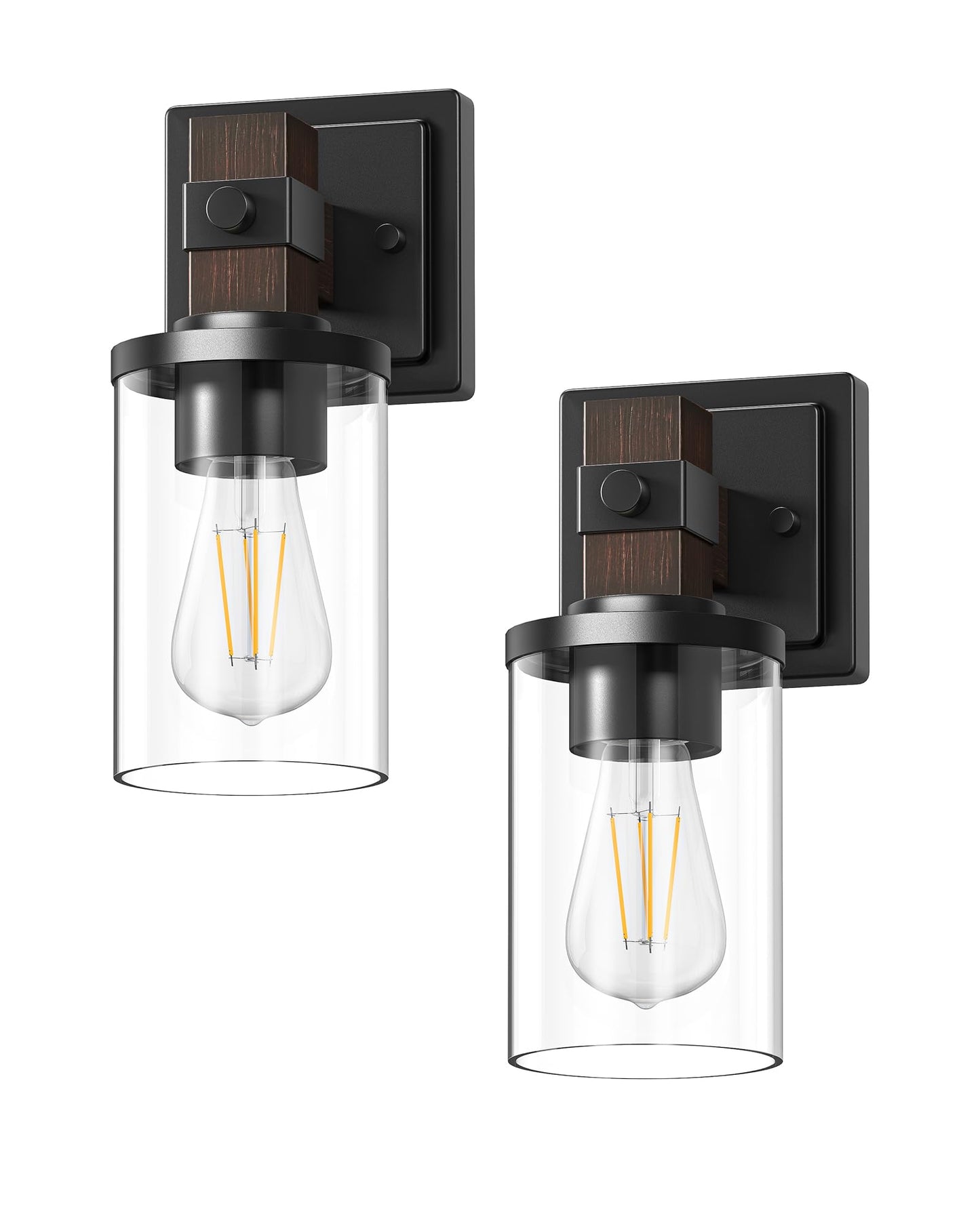 EDISHINE Wall Sconces Set of 2, Farmhouse Vanity Light Fixtures with Clear Glass Shade & Dark Brown Wood Grain Paint, 1-Light Wall Mount Lamp for Bathroom, Hallway, Living Room, Mirror, Kitchen