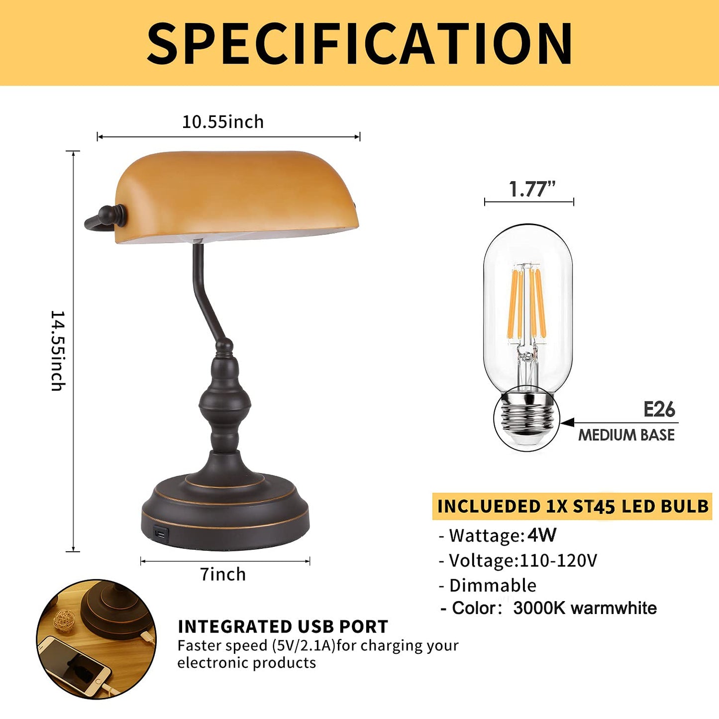 Liylan Banker Desk Lamp Touch Control, Vintage Banker's Desk Lamp with USB-A Port, 3 Way Dimmable Desk Lamps, Farmhouse Library Lamp Oil Rubbed Bronze for Office, Study Room