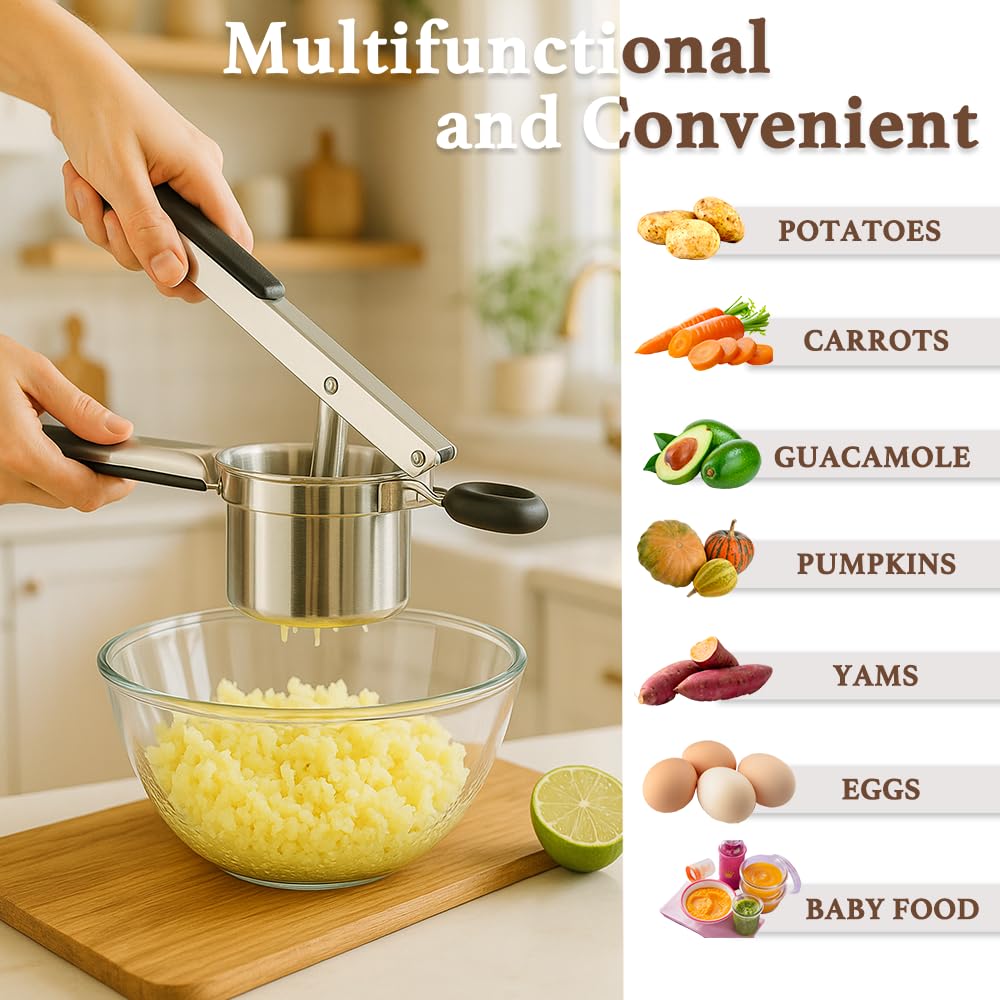 LunaCozy Large Potato Ricer, Heavy Duty Stainless Steel Potato Ricer and Masher, Press and Mash Kitchen Gadget for Potatoes and Vegetables