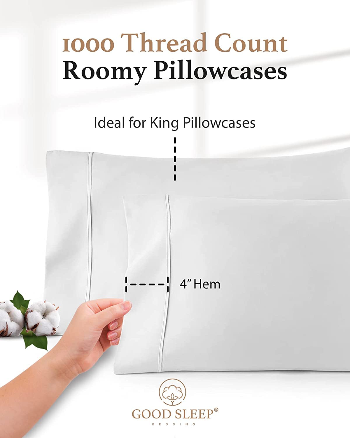 1000 TC White King Pillowcases Set of 4 100% Egyptian Cotton Pillow Cases with Long Staple Cotton & Sateen Weave, Silky Soft Hotel - Like Bed Pillow Covers for Comfy Sleeping, Snug Fit