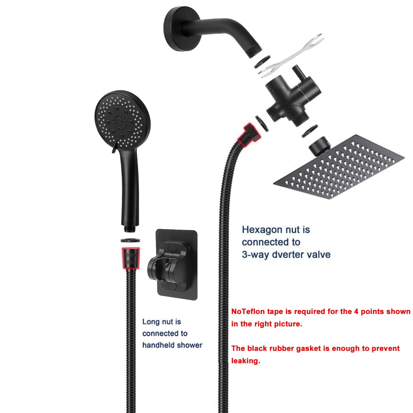NearMoon Filtered Rain Shower Head, High Pressure 8″Square, and 5 settings Handheld Shower Filter Combo with Self-adhesive Holder/1.5M Hose -1 Replaceable Filter Cartridge (Matte Black)