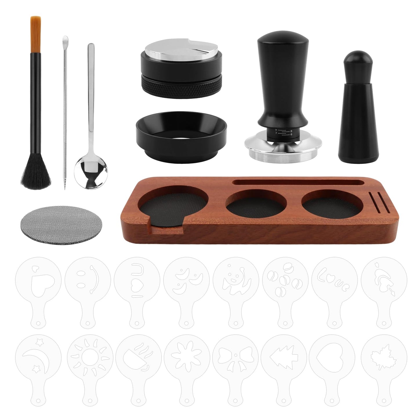 25 Pcs Professional Espresso Coffee Barista Accessories Set, 51mm Spring Loaded Tamper, WDT Tool, Coffee Distributor, Magnetic Dosing Funnel, Puck Screen, Wooden Tamper Station
