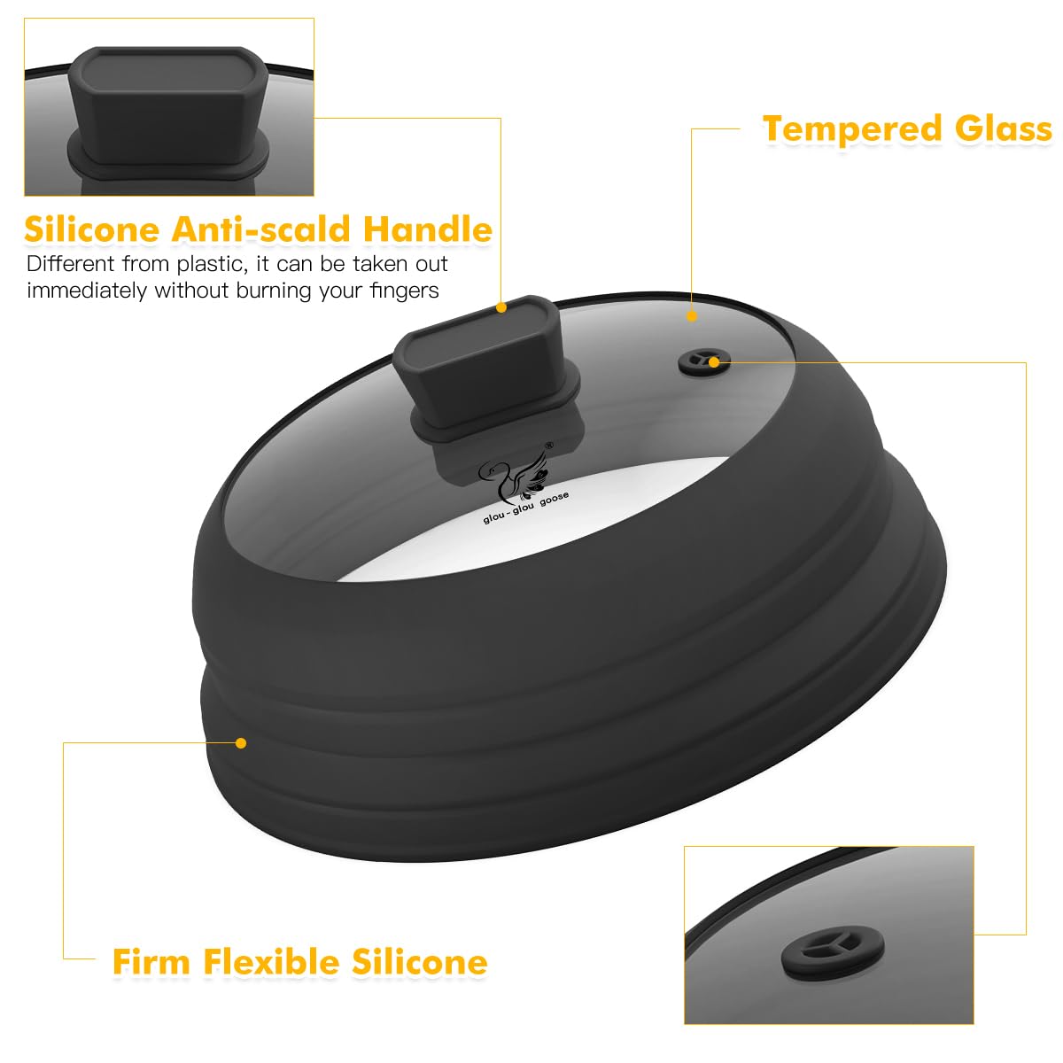 Microwave Splatter Cover Glass Splatter Guard Lid with Collapsible Silicone for Food Pot Plate Cover 11.8 inch Black