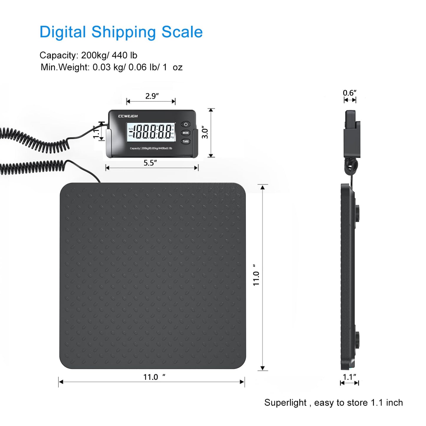 CCWEIGH Shipping Scales 440lbs x1oz Highly Accurate Postal Scales Ultrathin ABS Large Platform,Superlight Postal Scales for Shipping Packages,Small Business,Luggage Scale Battery and Adapter