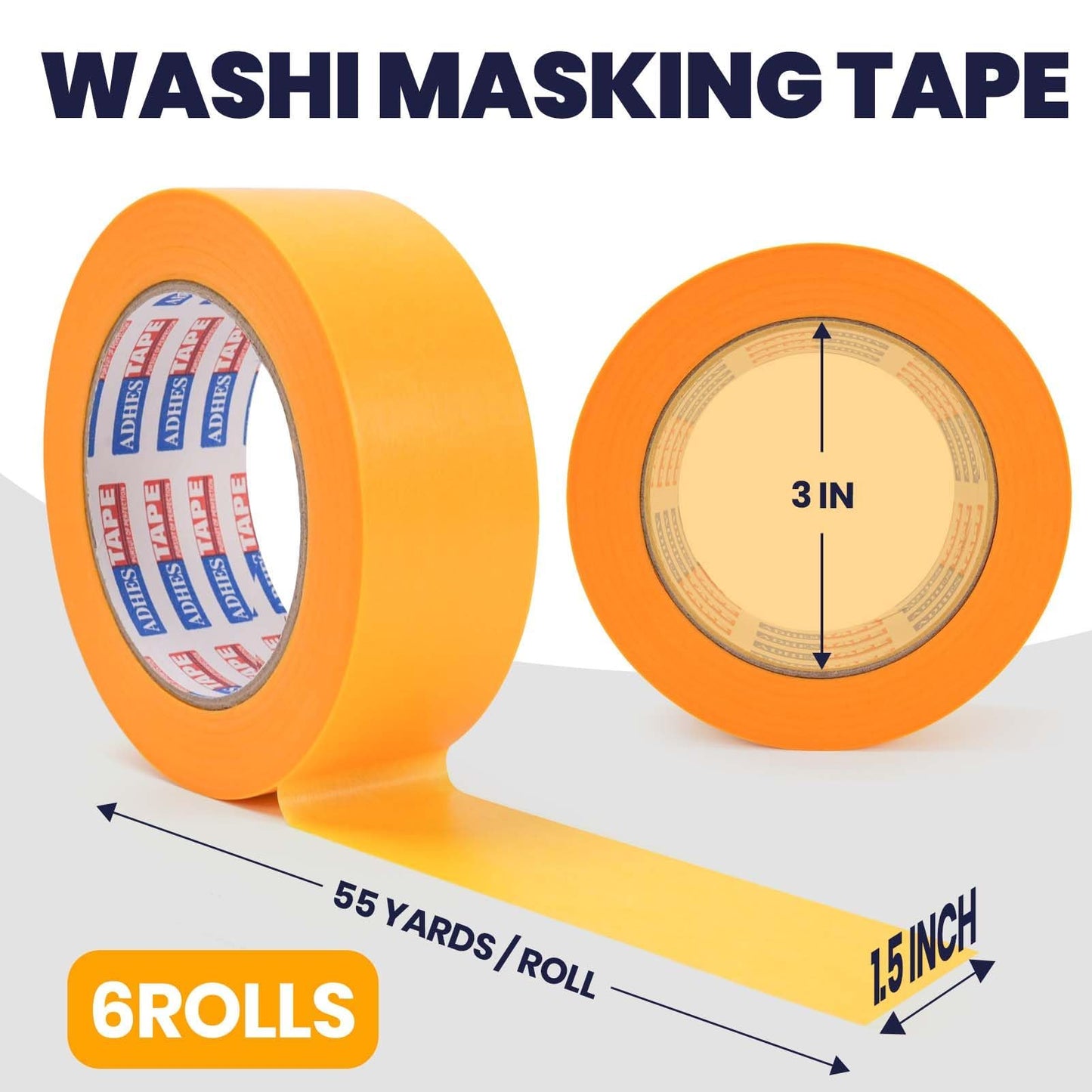ADHES Orange Washi Masking Tape, 1.5in x 60yds x 6rolls, Paint & Surface Protection Tape, Easy Tear, No Residue Painters Tape for DIY, Home, Wall, Furniture, Craft Projects