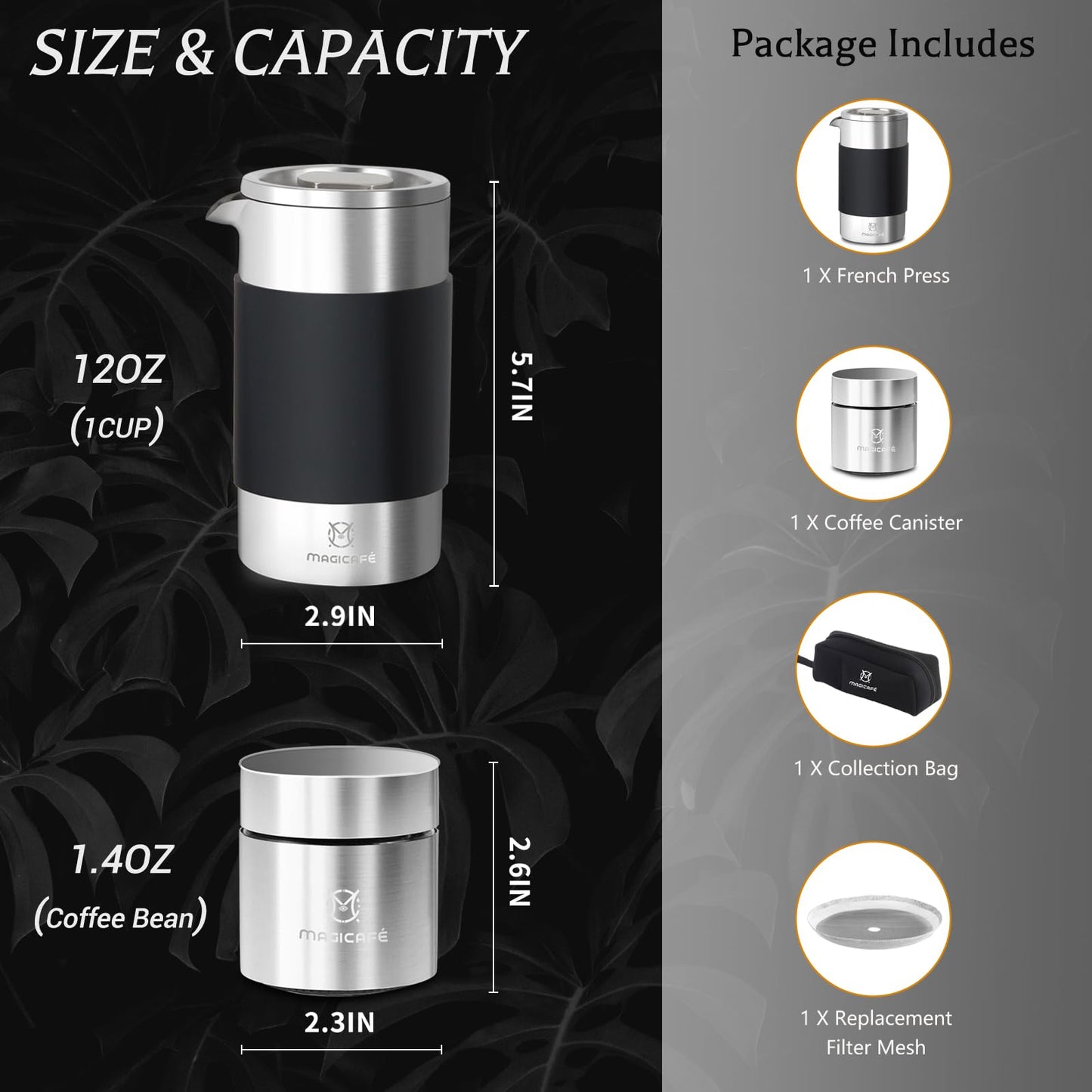 MAGICAFÉ French Press Coffee Maker Set, Portable French Press with Mini Coffee Canister and Collection Bag, Single Serve 1 Cup Small Stainless Steel Double Walled Coffee Press 350ml/12oz