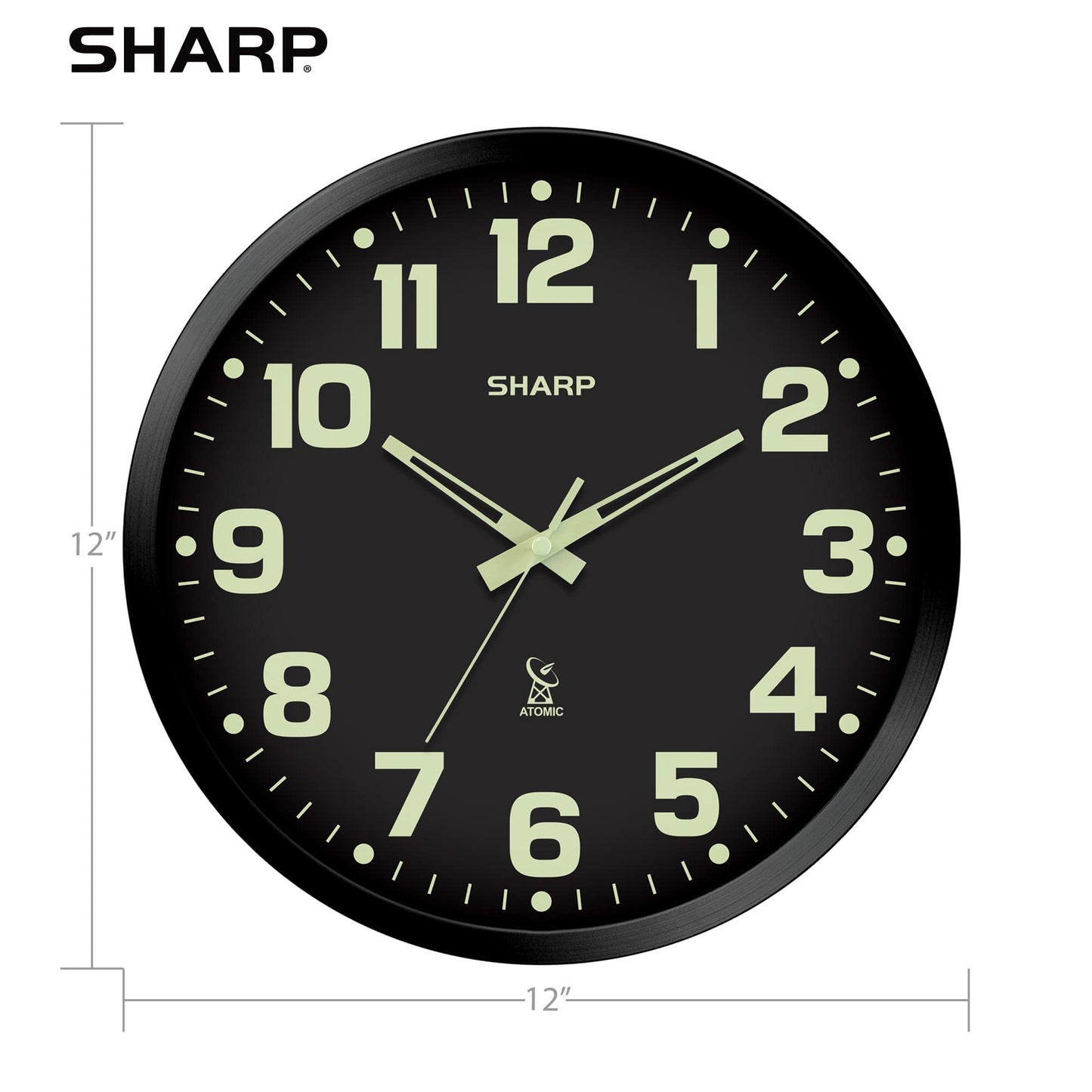Sharp Glow in the Dark Atomic Analog Wall Clock - 12" Clock with Black Frame - Sets Automatically - Battery Operated - Easy to Read - Easy to Use – See Day or Night!