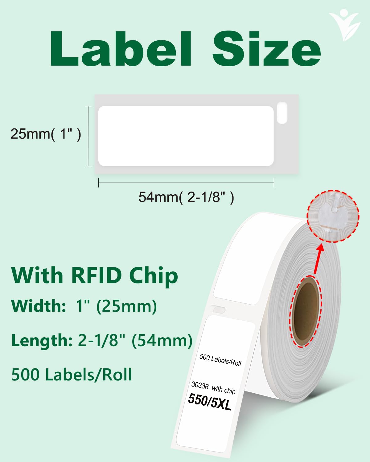 Yuanqimm 30336 1" x 2-1/8" Compatible for DYMO LabelWriter 5XL 550 550 Turbo 4XL 450 Wireless 450 Duo 450 Twin Turbo, 25mm x 54mm Label with RFID Chip, for Barcodes, 6 Rolls, 3000 Labels