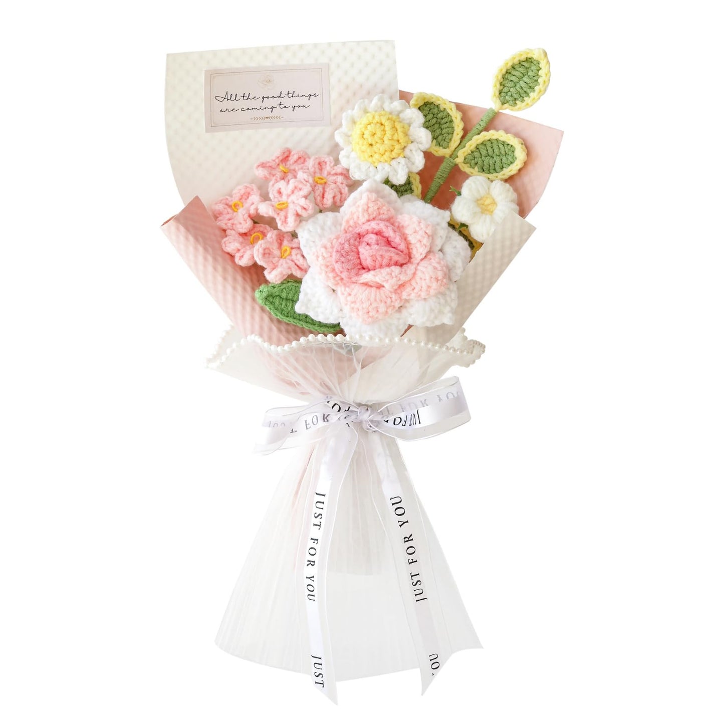 Piklado Handmade Crochet Pink Rose Daisy Bouquet for Family & Friends Finished Yarn Artificial Flower Bouquet, Handcrafted Knitted Floral Arrangement