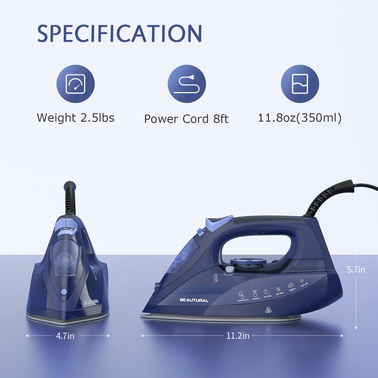 BEAUTURAL Steam Iron for Clothes with Precision Thermostat Dial, Ceramic Coated Soleplate, 3-Way Auto-Off, Self-Cleaning, Anti-Calcium, Anti-Drip Blue