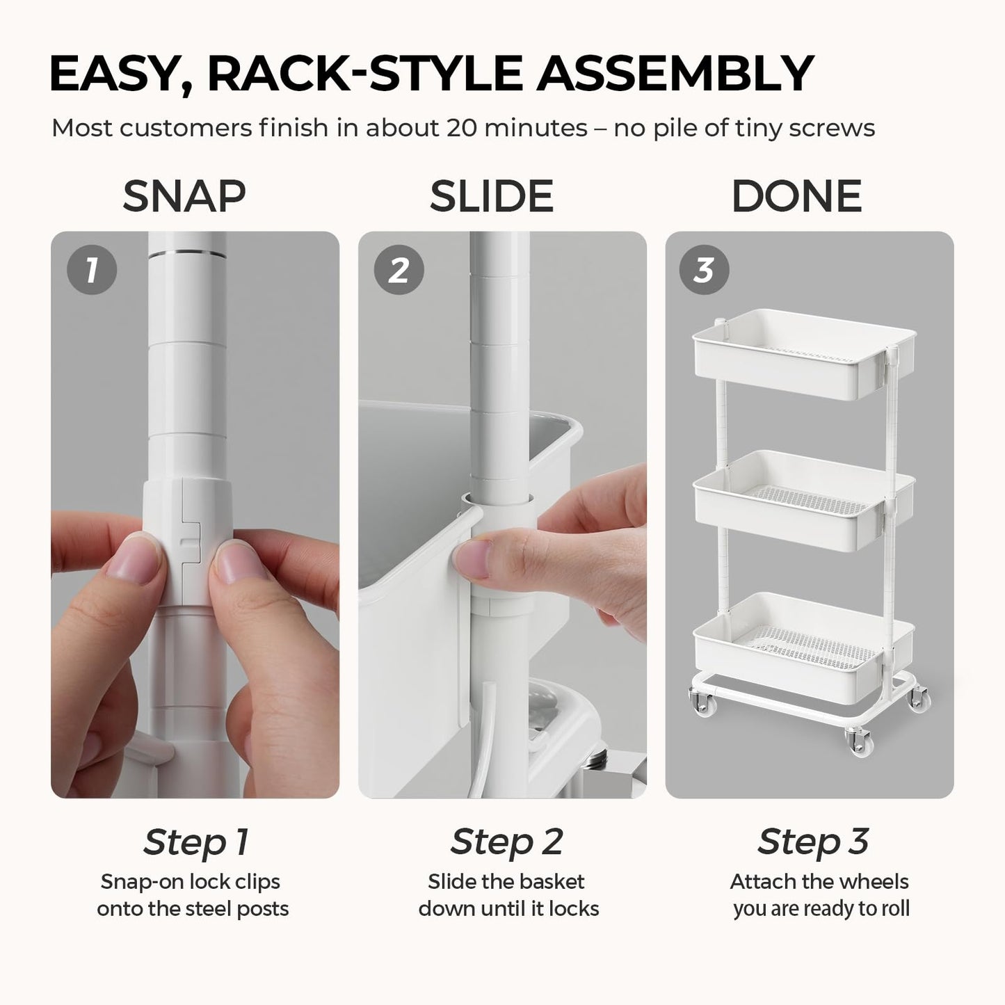 3 Tier Utility Rolling Cart, Heavy Duty Metal Rolling Cart with Wheels, Storage Organizer, Portable Mobile Shelving Unit for Office, Bathroom, Kitchen (White)